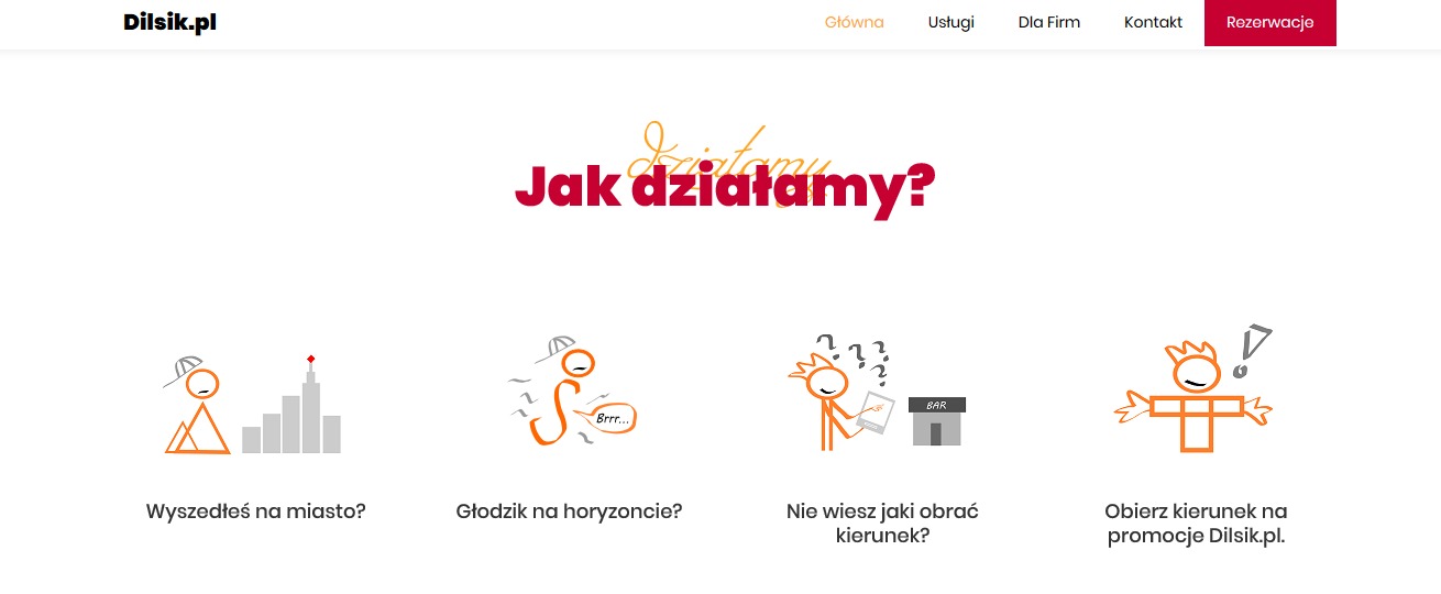 Strona internetowa z ilustracjami stickmanów przedstawiającymi różne scenariusze: wyjście na miasto, uczucie zimna, poszukiwanie baru i promocje, z hasłem 'Jak działamy?'