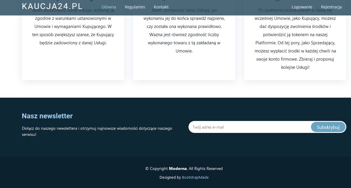 Fragment strony internetowej z nagłówkiem 'KAUCJA24.PL', menu nawigacyjnym, treścią informacyjną o warunkach świadczenia usług i formularzem zapisu do newslettera. Ciemnoniebieskie tło z białymi...