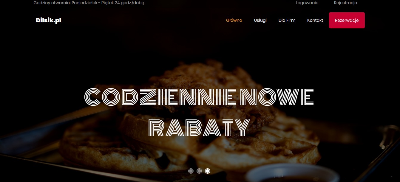 Strona internetowa restauracji Dilsik.pl z informacją o codziennych rabatach, prezentująca zdjęcie gofra z kurczakiem w ciemnej tonacji.