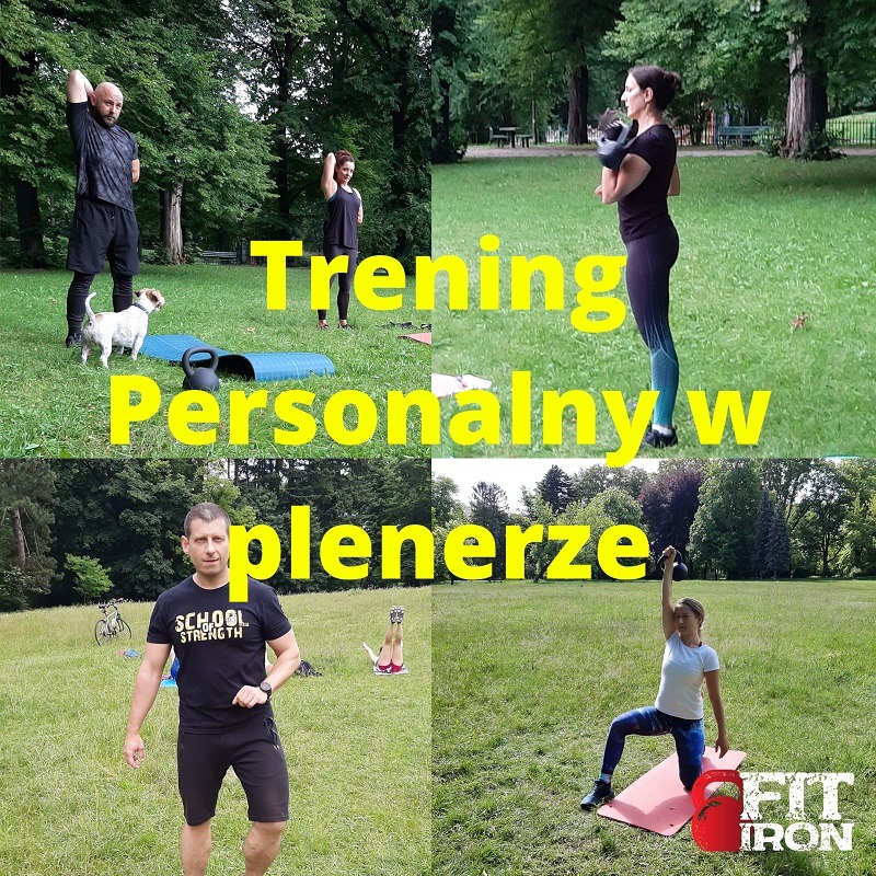 Montaż zdjęć przedstawiający treningi w plenerze: mężczyzna z psem ćwiczy, kobieta z kettlebell, mężczyzna w czarnej koszulce z napisem, kobieta na macie wykonująca ćwiczenia. W tle zielona trawa...