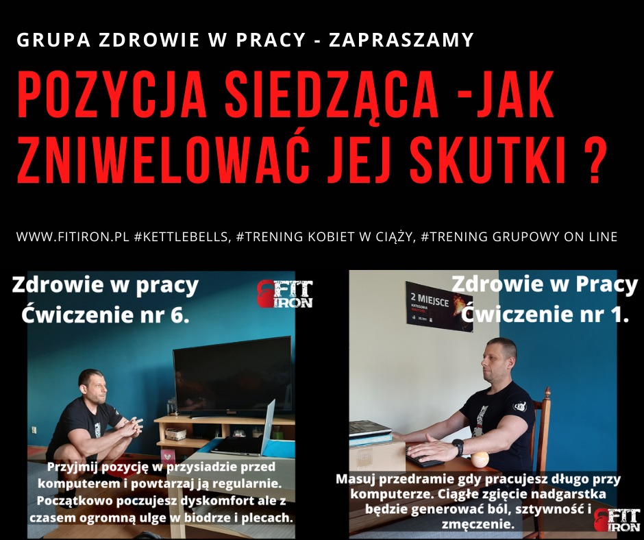 Infografika prezentująca ćwiczenia kompensacyjne dla osób pracujących w pozycji siedzącej, z hasłem 'Pozycja siedząca - jak zniwelować jej skutki?' oraz przykładami ćwiczeń 'Zdrowie w pracy...