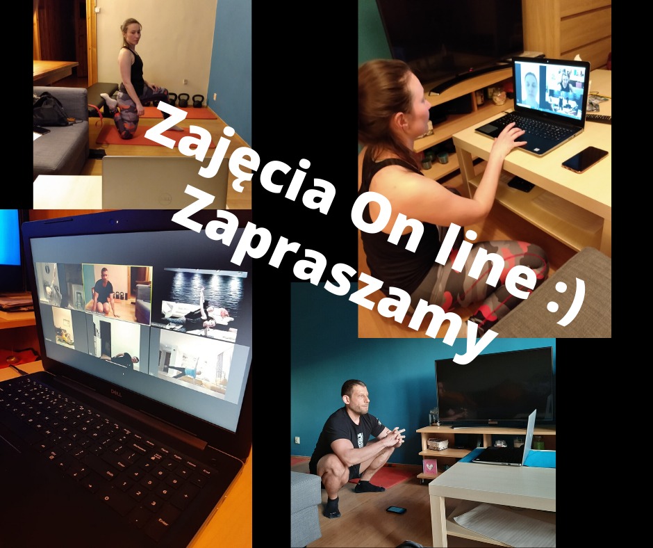Montaż zdjęć przedstawiający osoby ćwiczące w domu podczas zajęć online, widoczne na ekranie laptopa.