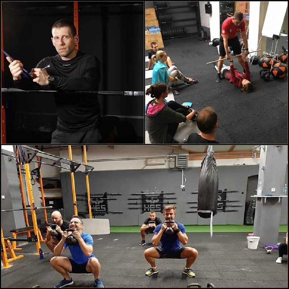 Kolaż zdjęć z siłowni: mężczyzna z deską i długopisem oparty o sztangę, grupa osób ćwiczących pod okiem instruktora oraz dwóch mężczyzn wykonujących przysiady z kettlebells.