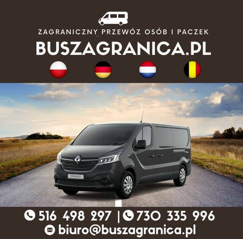 Szary bus marki Renault na drodze, logo firmy BUSZAGRANICA.PL z flagami Polski, Niemiec, Holandii i Belgii, kontakt telefoniczny i e-mail.