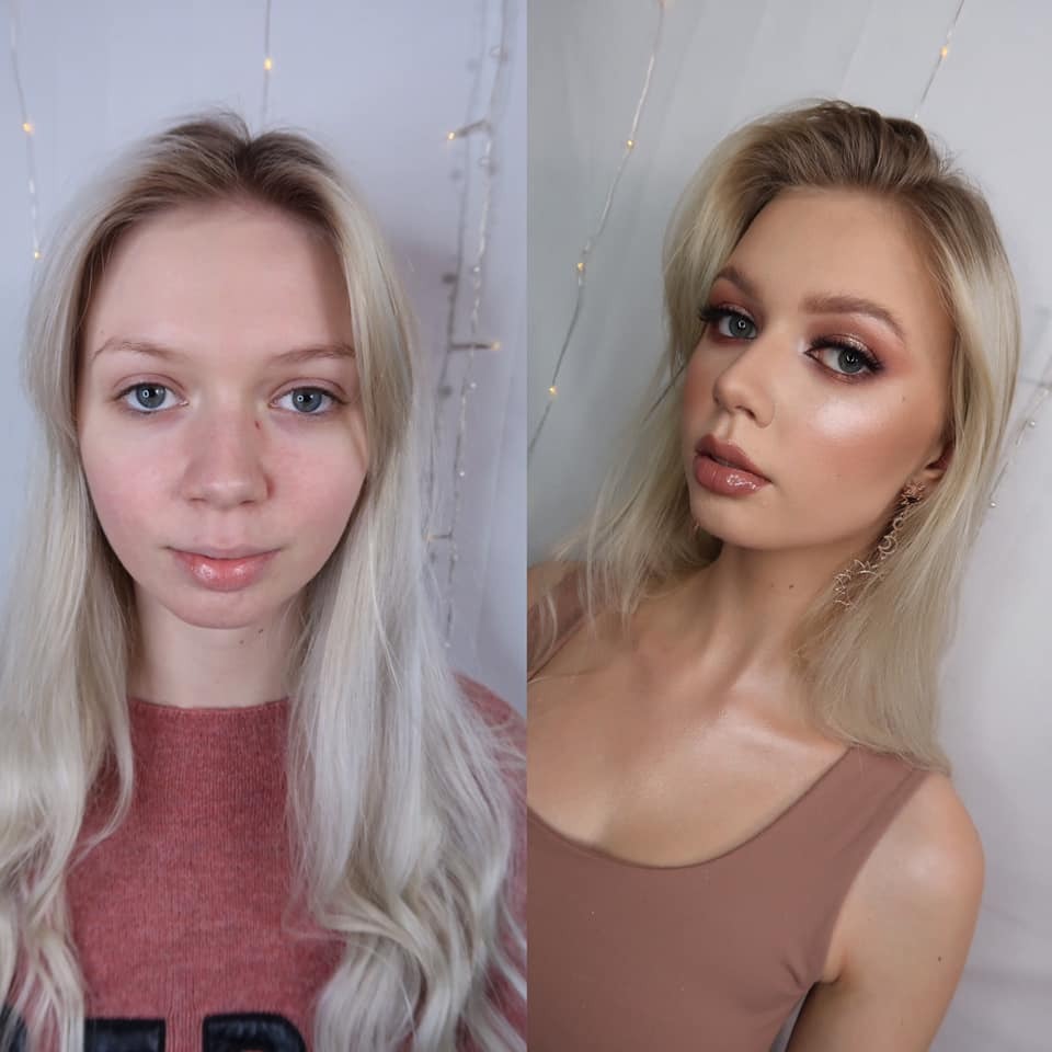 Portret kobiety przed i po aplikacji kosmetyków kolorowych, z uwzględnieniem cieniowania powiek i konturowania twarzy, na tle delikatnych lampek.