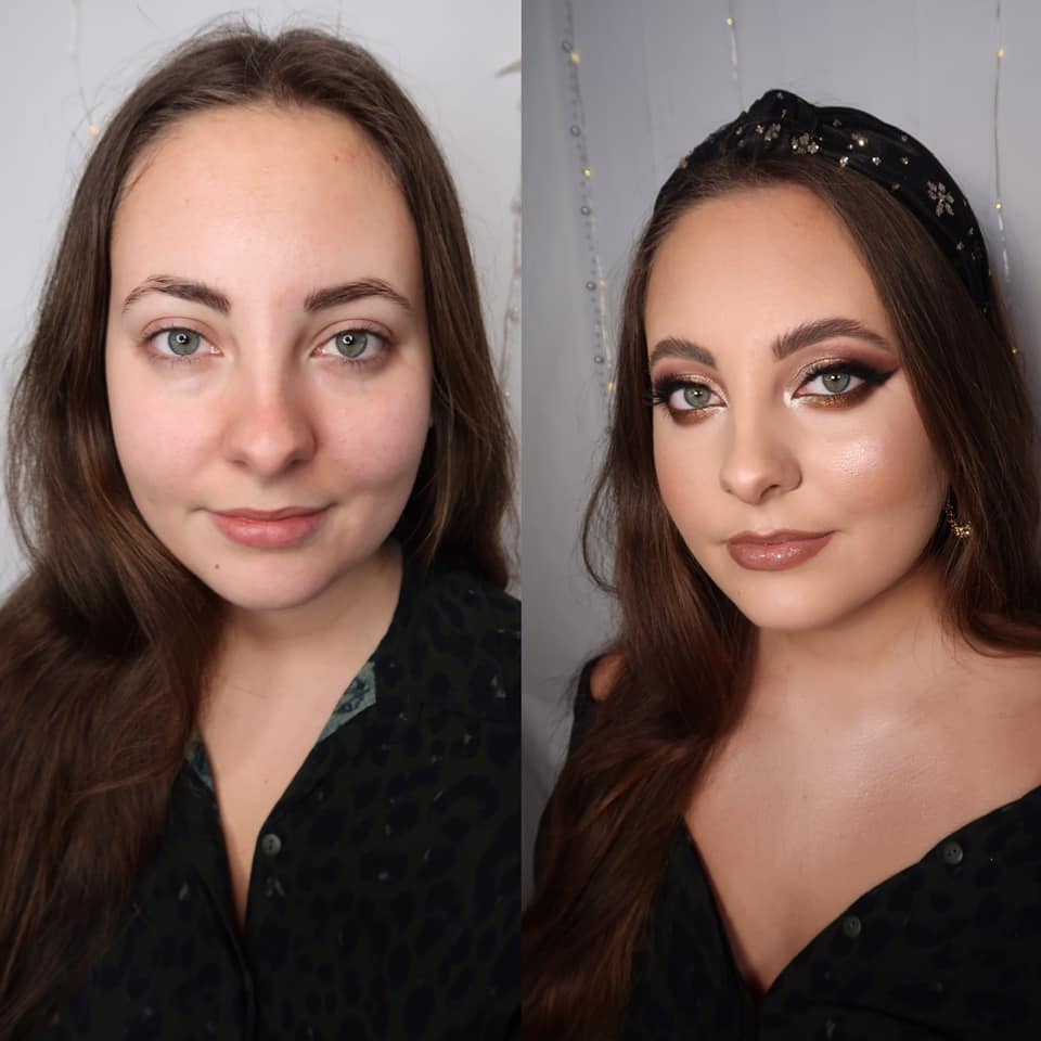 Porównanie makijażu przed i po: dziewczyna z brązowymi włosami, po lewej bez makijażu, po prawej z pełnym makijażem w odcieniach brązu i złota, z czarną opaską z delikatnymi złotymi zdobieniami.