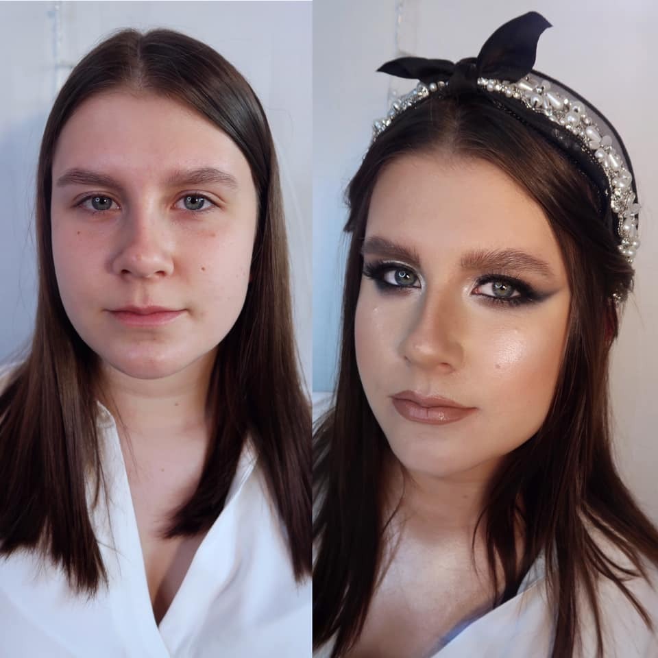 Portret kobiety przed i po wykonaniu wieczorowego make-upu z ciemnym cieniem na powiekach i ozdobną opaską z perłami.