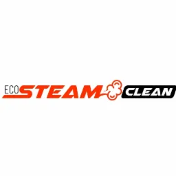Logo firmy Eco Steam Clean z symbolem pary w kolorze pomarańczowym, nazwa firmy w kolorach pomarańczowym i czarnym na białym tle.