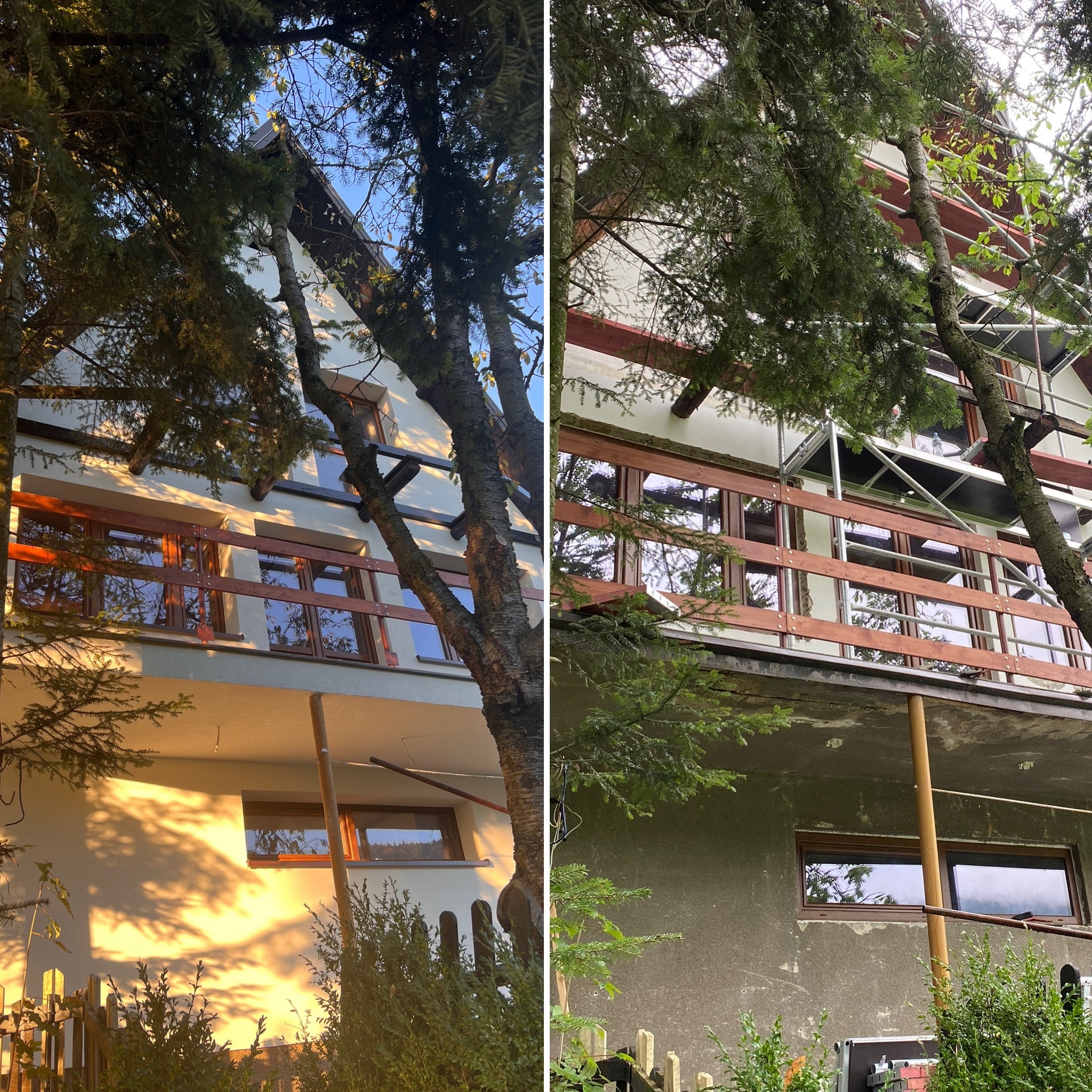 Porównanie elewacji domu przed i w trakcie ocieplania, widoczne rusztowanie i zmiany w kolorystyce ściany.