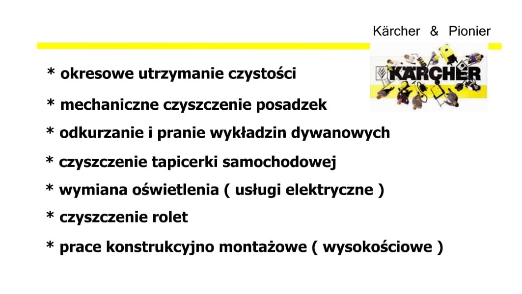 Grafika z listą usług firmy Kärcher & Pionier: okresowe utrzymanie czystości, mechaniczne czyszczenie posadzek, odkurzanie i pranie wykładzin dywanowych, czyszczenie tapicerki samochodowej, wymiana...
