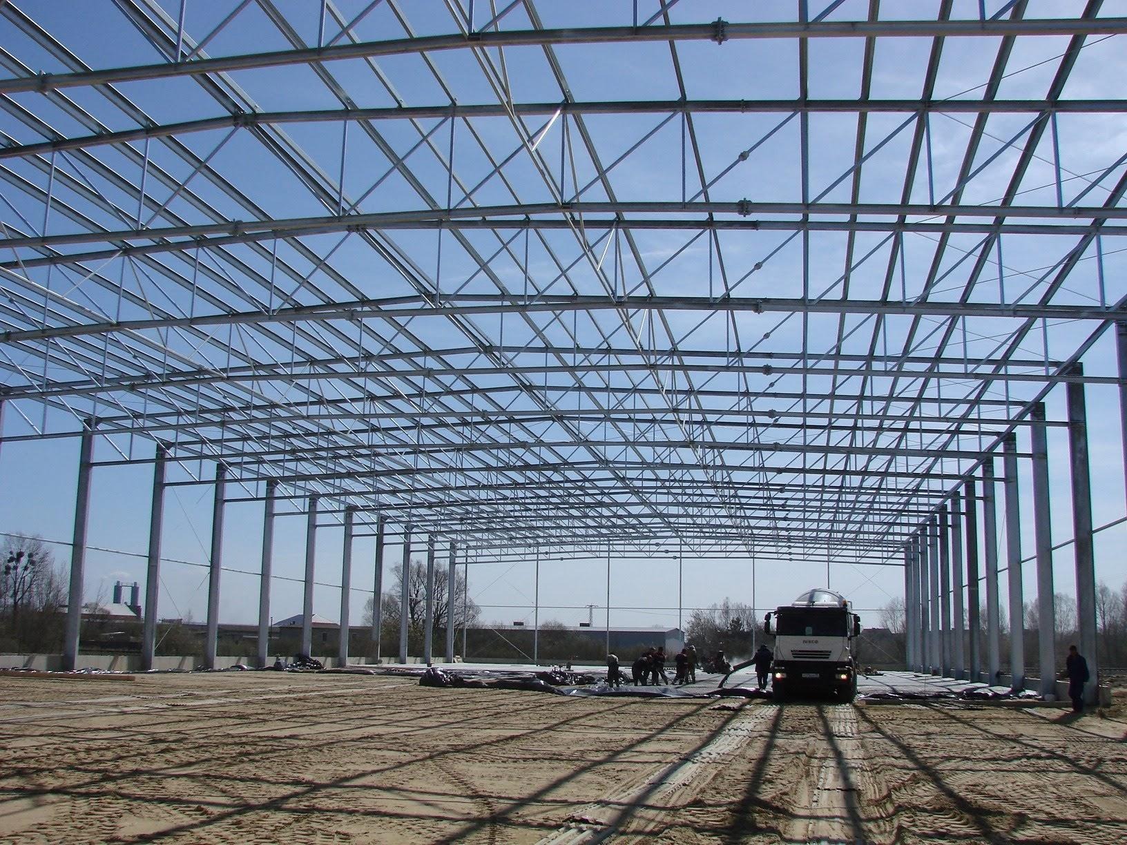 Wnętrze hali w trakcie budowy, widok na stalową konstrukcję dachu i słupy, na ziemi piasek i pracownicy, betonowóz w tle.