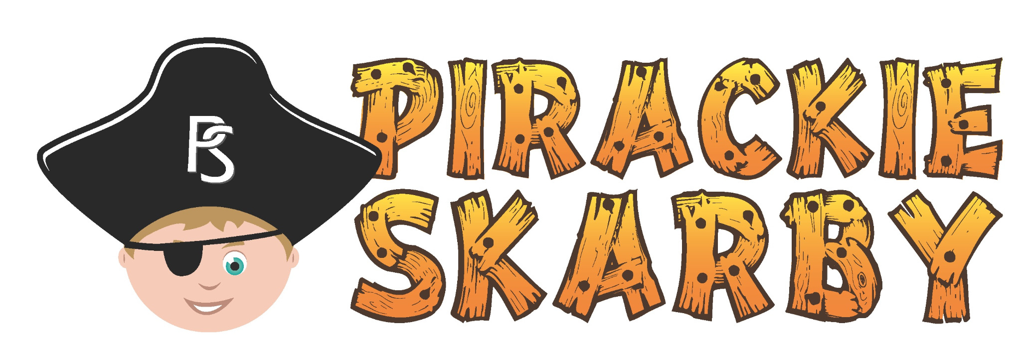 Grafika z piratem w czarnej opasce i kapeluszu, obok napis 'Pirackie Skarby' wykonany czcionką imitującą drewniane deski.