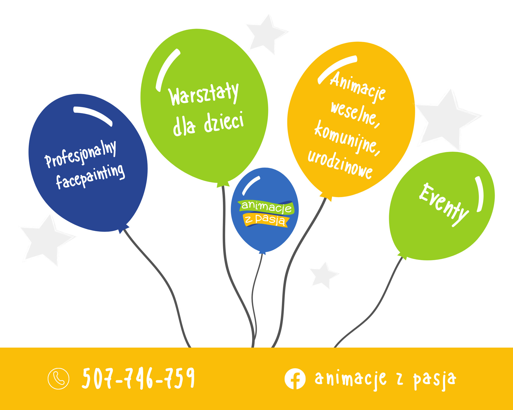 Ilustracja reklamowa usług animacyjnych przedstawiająca kolorowe balony z napisami: Profesjonalny facepainting, Warsztaty dla dzieci, Animacje weselne, komunijne, urodzinowe, Animacje z pasją...