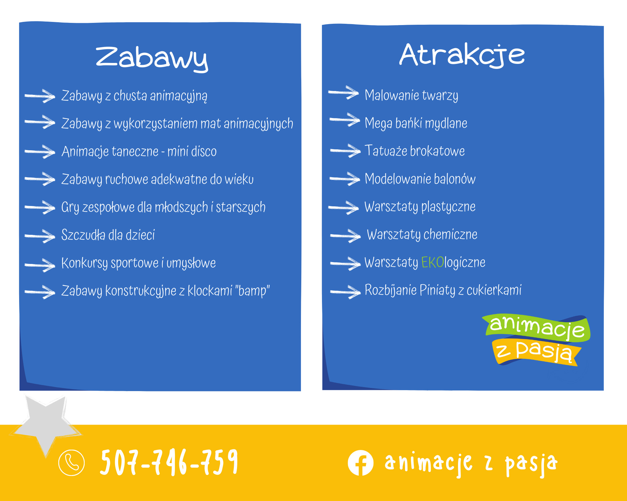 Grafika reklamowa z listą zabaw i atrakcji, w tym malowanie twarzy, mega bańki mydlane, tatuaże brokatowe, modelowanie balonów, warsztaty plastyczne i chemiczne, rozbijanie piniaty z cukierkami...
