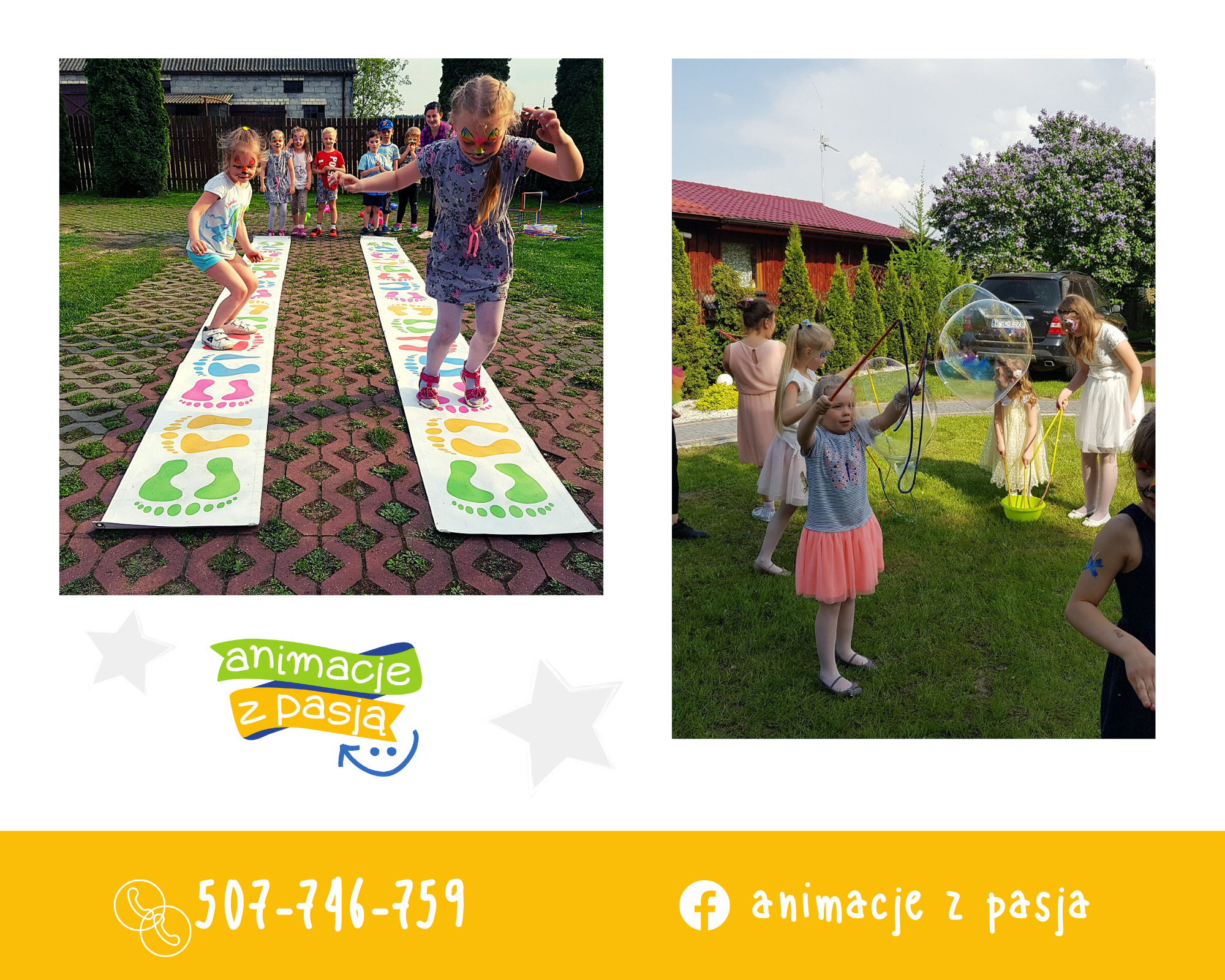 Dzieci z pomalowanymi twarzami bawią się na zewnątrz podczas animacji, skacząc po planszach z kolorowymi odciskami stóp i puszczając ogromne bańki mydlane.