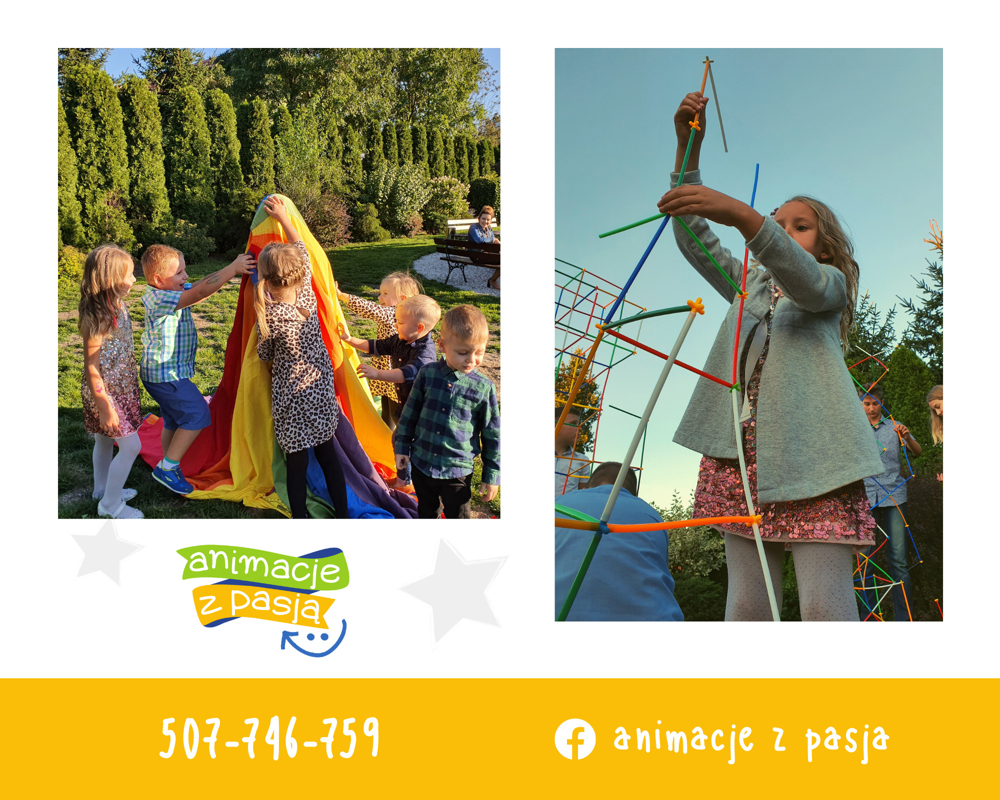 Dzieci w Skierniewicach bawią się kolorową chustą animacyjną i budują konstrukcje z plastikowych rurek, zabawa na świeżym powietrzu.