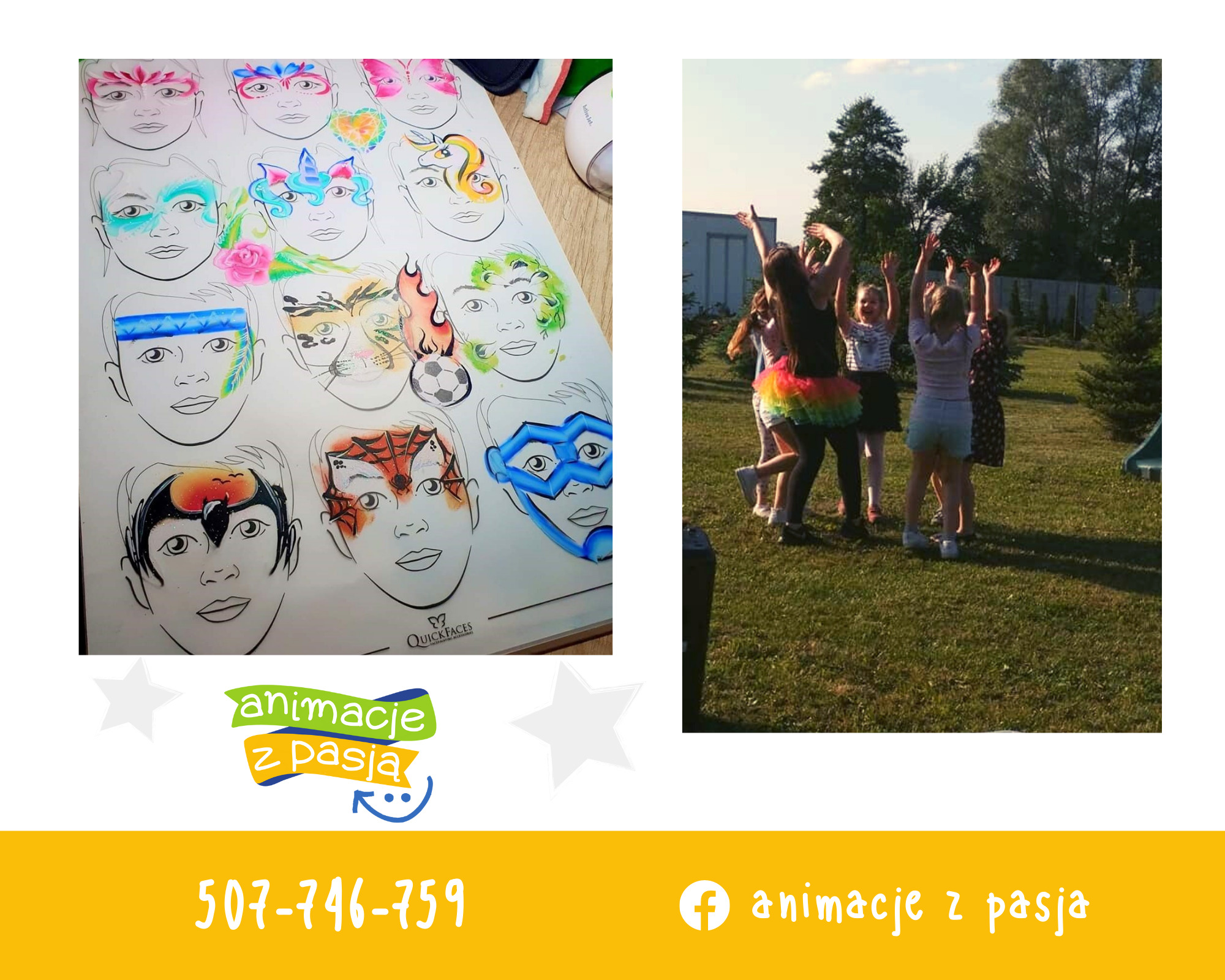 Szkicownik z propozycjami malowania twarzy: motywy zwierzęce, superbohaterowie, jednorożec i dzieci bawiące się na trawie podczas animacji.