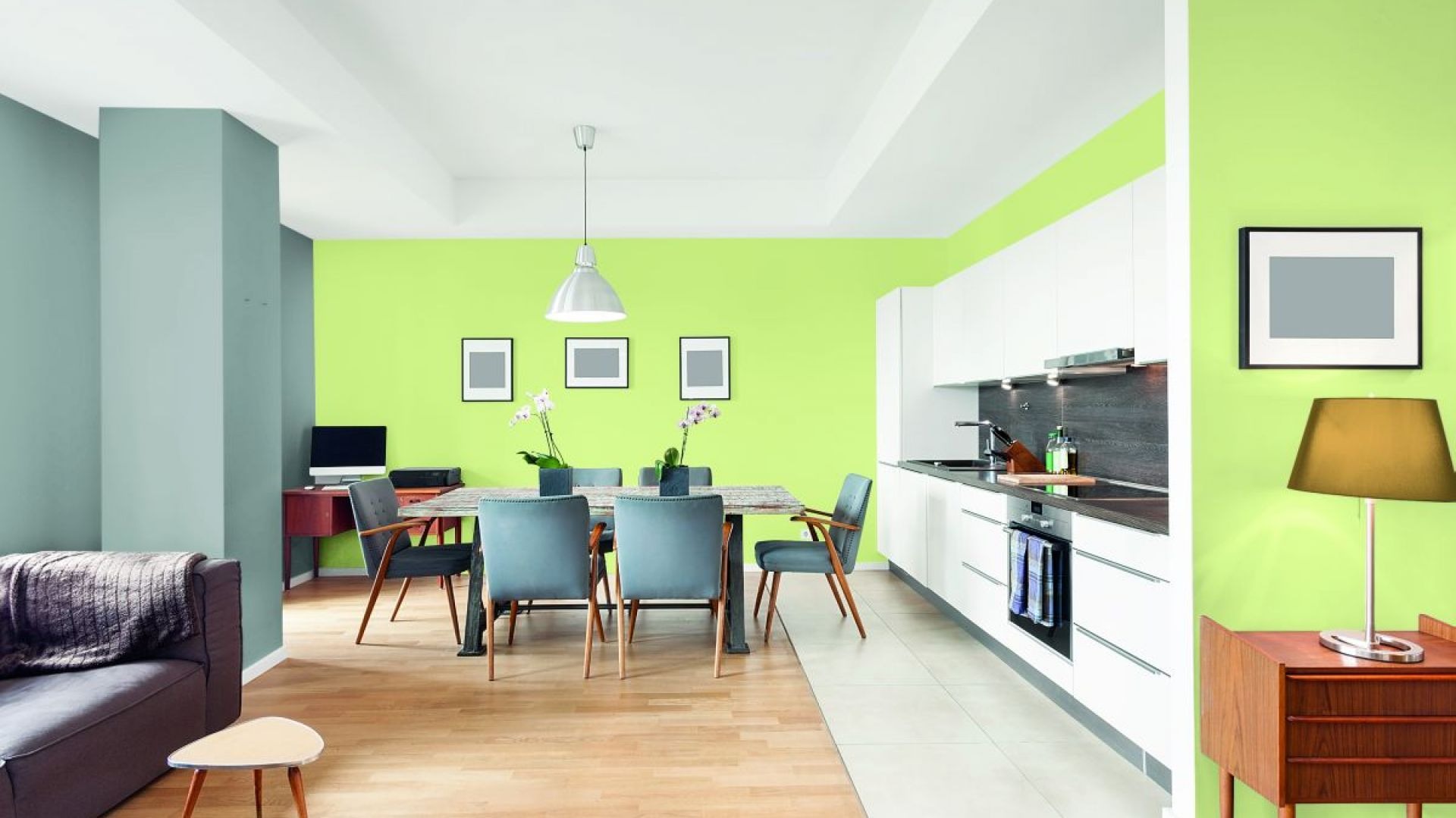 Jasnozielone ściany w nowoczesnym wnętrzu z drewnianą podłogą, szarym narożnikiem, stołem jadalnym z szarymi krzesłami i białymi meblami kuchennymi.