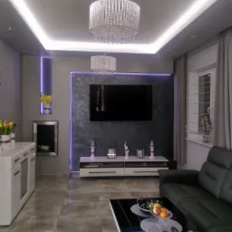 Nowoczesny salon w odcieniach szarości z kryształowymi żyrandolami, podświetleniem LED, telewizorem na ścianie z efektem betonu architektonicznego, białą komodą, czarną sofą i stolikiem kawowym...