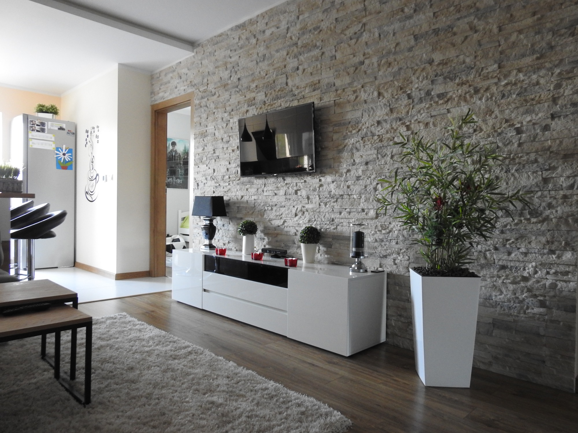 Salon z dekoracyjną ścianą z kamienia, białym dywanem shaggy, białą szafką RTV z czarnymi elementami, telewizorem, lampami i rośliną w białej donicy.