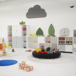 Bystrzaki Sp. z o.o. - Jasne, przestronne wnętrze sali zabaw z drewnianym bujakiem, okrągłym legowiskiem z poduszkami, regałami z zabawkami i stolikiem dla dzieci.