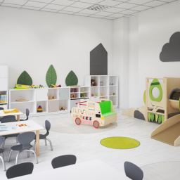 Bystrzaki Sp. z o.o. - Jasne, przestronne wnętrze sali zabaw dla dzieci z drewnianym autobusem-zabawką, regałami z zabawkami i stolikami z krzesłami.