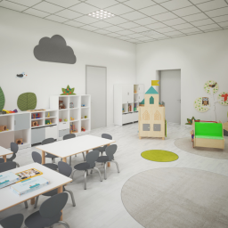 Bystrzaki Sp. z o.o. - Jasne, przestronne wnętrze sali zabaw z białymi ścianami, wyposażone w stoliki z szarymi krzesłami, regały z zabawkami, dekoracje ścienne w kształcie liści i chmury oraz drewniany domek-zabawkę.