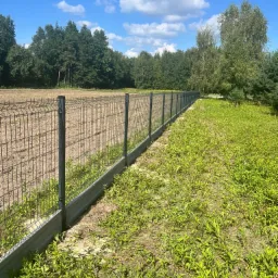 Długa, prosta siatka ogrodzeniowa z podmurówką betonową oddzielająca pole od zarośli, widok w słoneczny dzień.