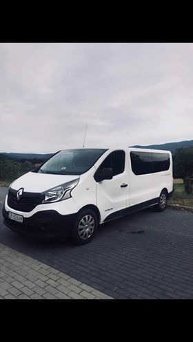 Biały bus Renault Trafic z czarnymi elementami, zaparkowany na szarym bruku z widokiem na zalesione wzgórza w tle pod pochmurnym niebem.