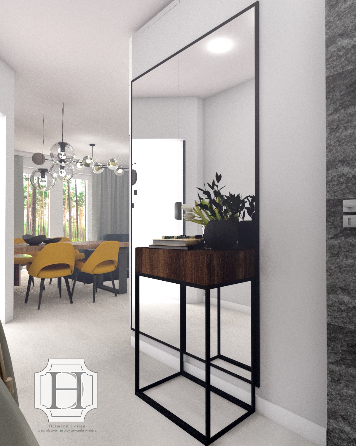 Nowoczesny przedpokój z lustrem w czarnej ramie, drewnianą konsolą z czarnymi nogami i widokiem na jadalnię z żółtymi krzesłami.
