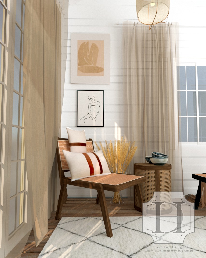 Wizualizacja wnętrza w Piła: Krzesło z rattanowym siedziskiem i poduszkami w odcieniach bieli i brązu, na tle białej ściany z obrazami i beżowych zasłon.