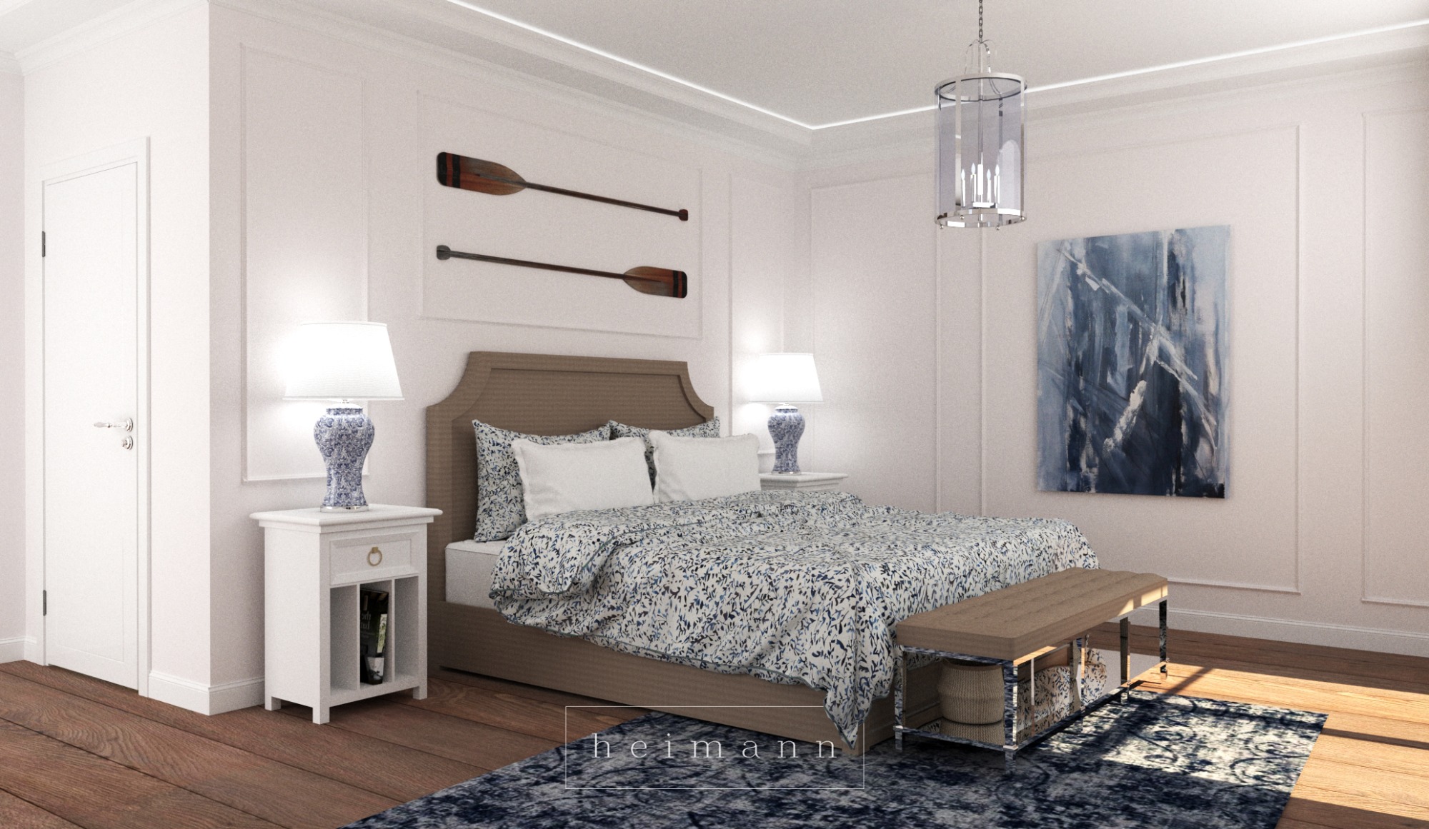 Wizualizacja sypialni w stylu Hampton z łóżkiem z tapicerowanym wezgłowiem, lampkami nocnymi z niebieskimi ceramicznymi podstawami, dekoracyjnymi wiosłami nad łóżkiem i abstrakcyjnym obrazem...