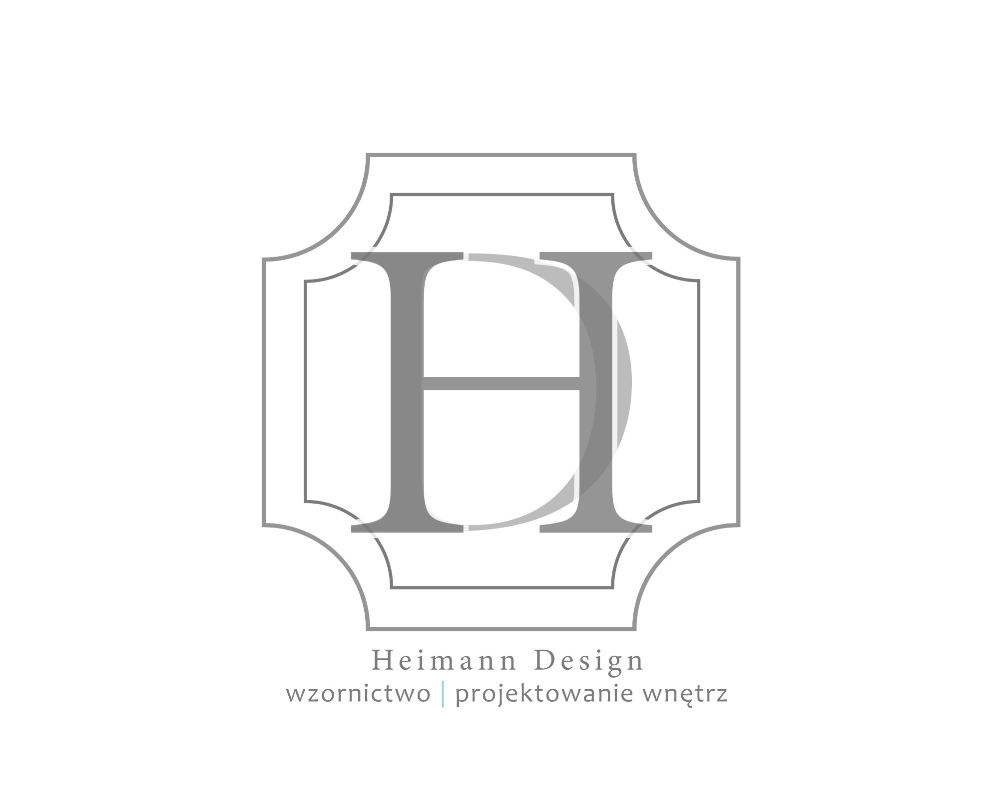 Logo firmy Heimann Design z inicjałami HD w ozdobnej ramce, zajmującej centralną część obrazu, pod napisem wzornictwo | projektowanie wnętrz.