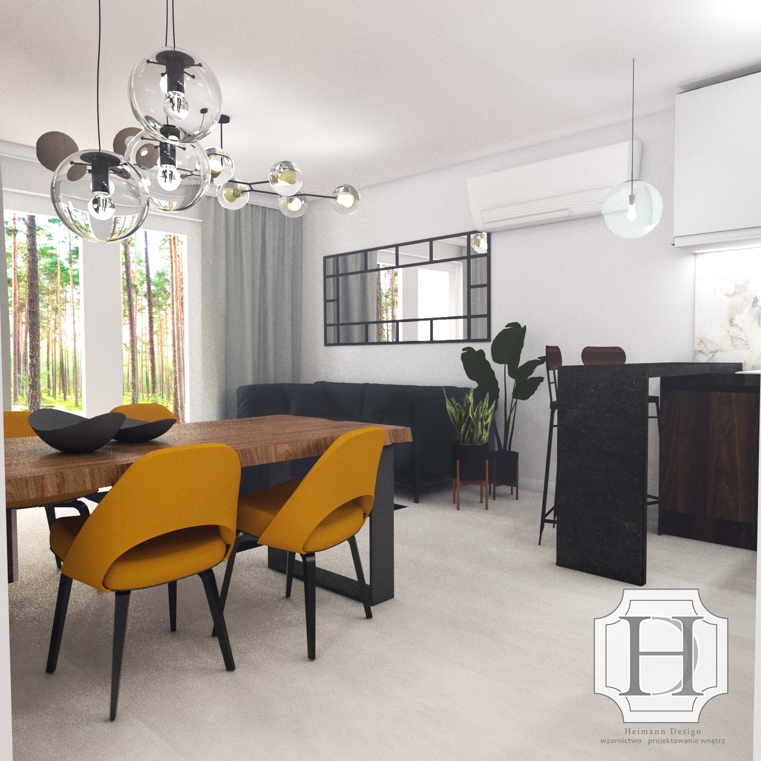 Wizualizacja nowoczesnego salonu z jadalnią: drewniany stół z żółtymi krzesłami, designerska lampa sufitowa z szklanych kul, widok na las przez okno, minimalistyczny wystrój.