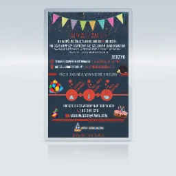 Grafika zapraszająca na urodziny w stylu naukowym, z kolorowymi dekoracjami, wzorami chemicznymi i informacjami o wydarzeniu.