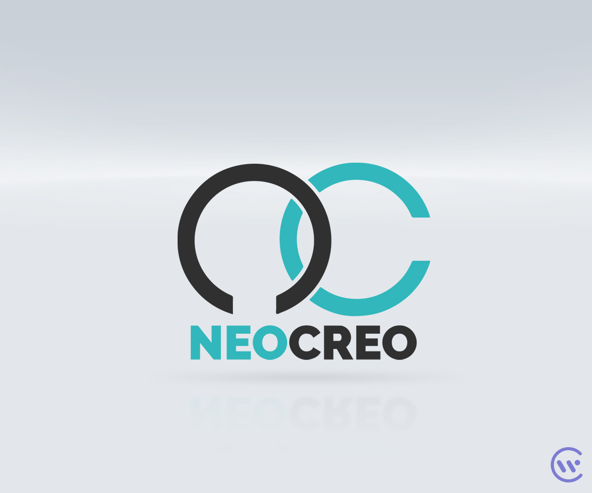 Minimalistyczne logo firmy NEOCREO z połączeniem czarnego okręgu i turkusowego półokręgu na jasnym tle.
