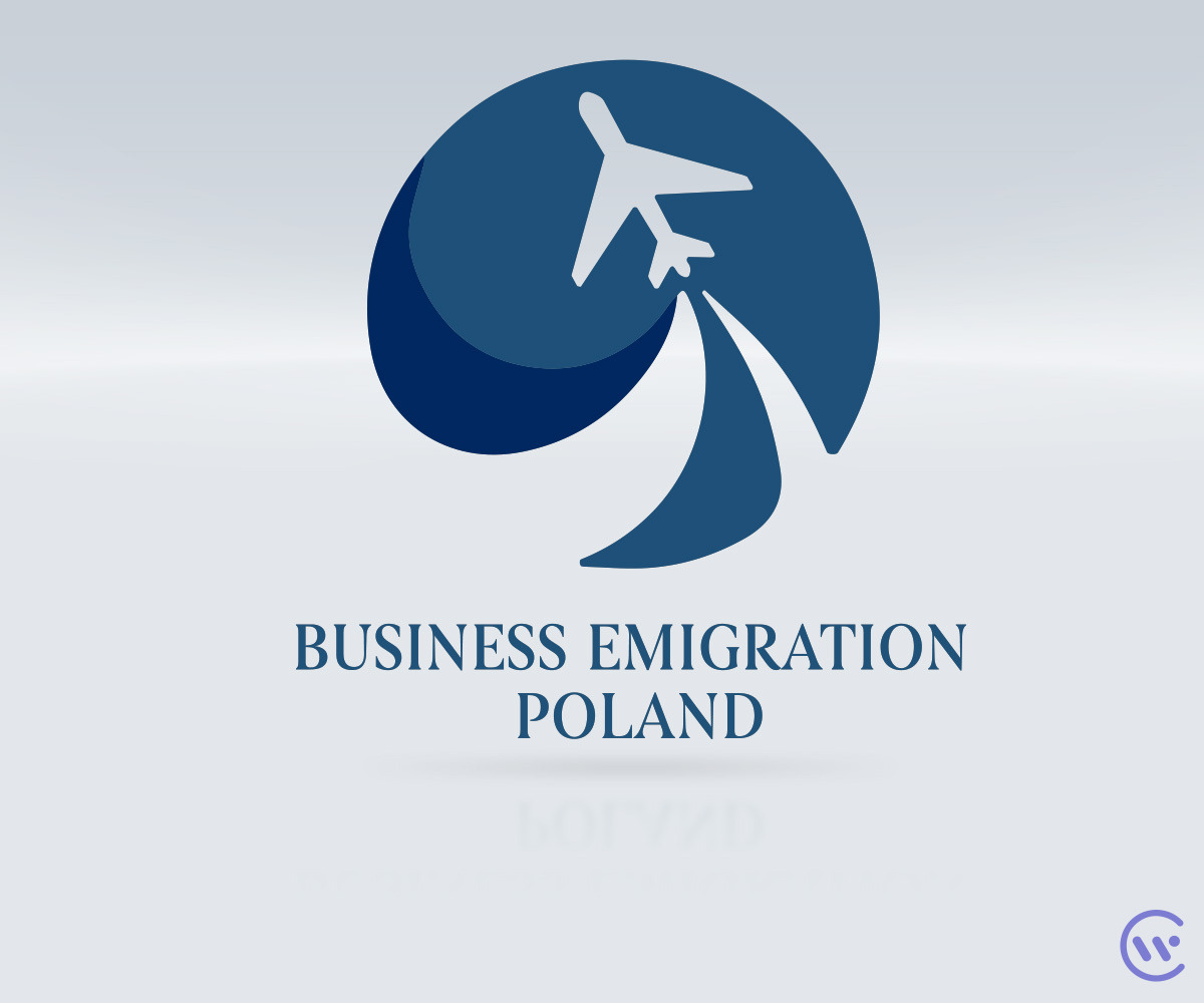 Niebieskie logo przedstawiające samolot w okręgu z napisem 'BUSINESS EMIGRATION POLAND' na jasnoszarym tle.