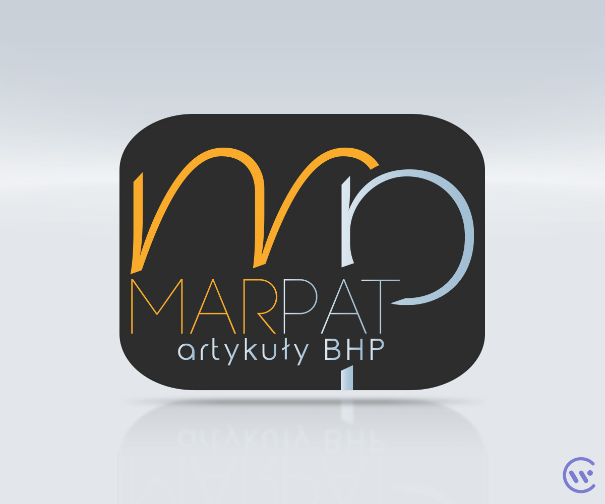 Logo firmy MARPAT artykuły BHP na czarnym zaokrąglonym kwadracie z żółto-srebrnymi elementami graficznymi imitującymi litery M i P, odbijające się w błyszczącym podłożu.