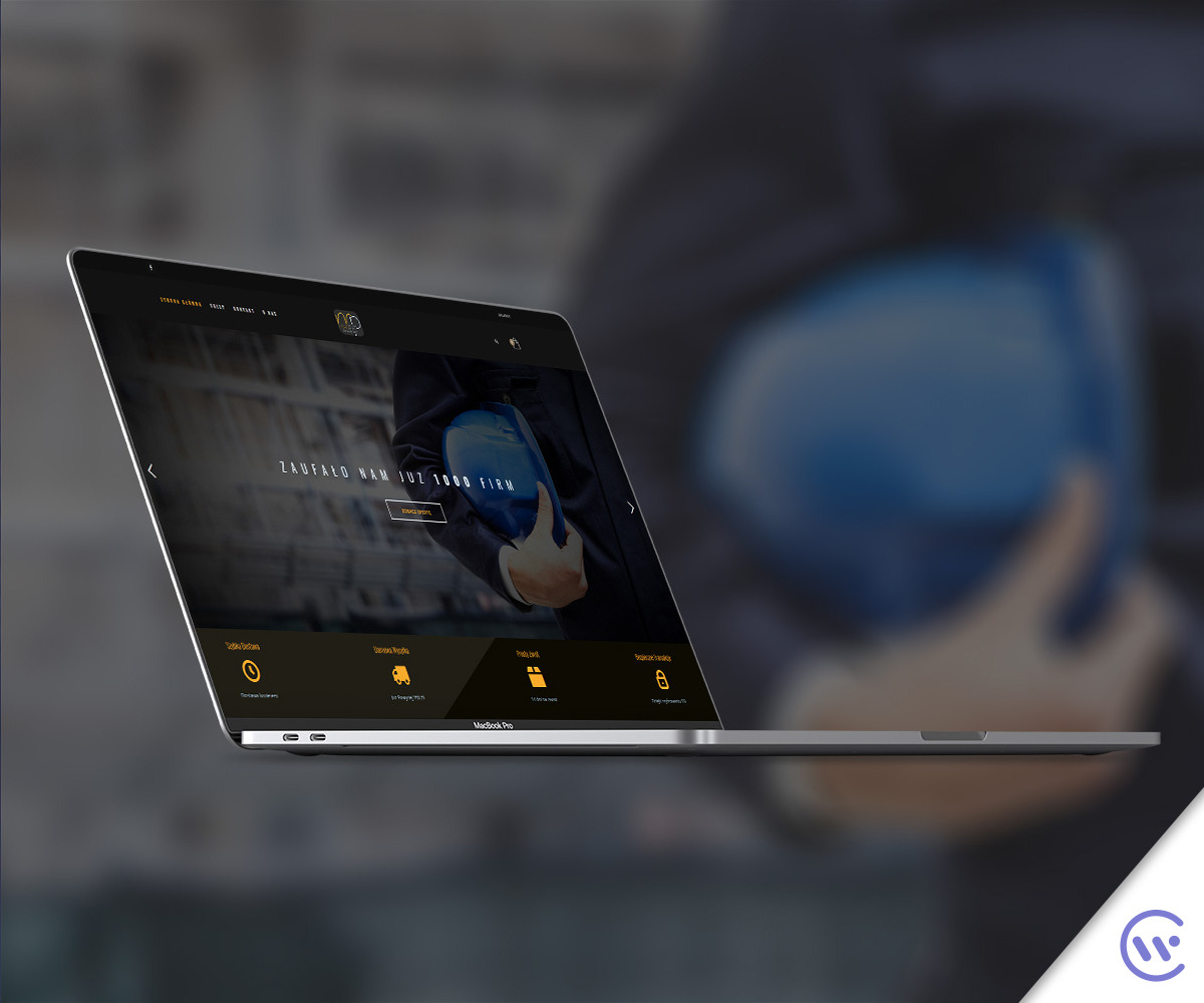 Laptop MacBook Pro wyświetlający stronę internetową z hasłem 'Zaufaj Nam Już 1000 Firm' na ciemnym tle z ikonami usług.
