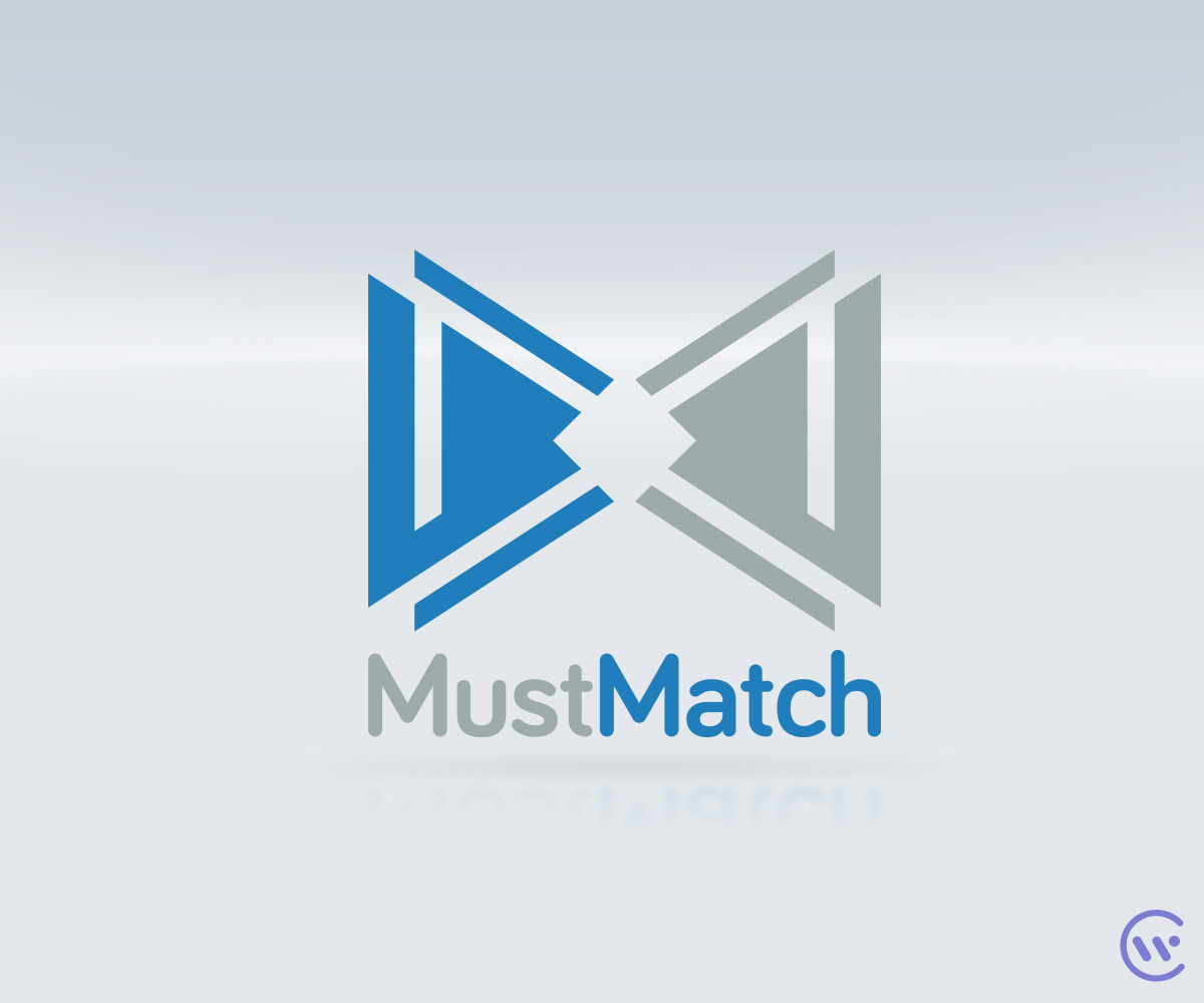 Nowoczesne logo firmy MustMatch: abstrakcyjny motyw motyla w odcieniach szarości i błękitu na jasnym tle.