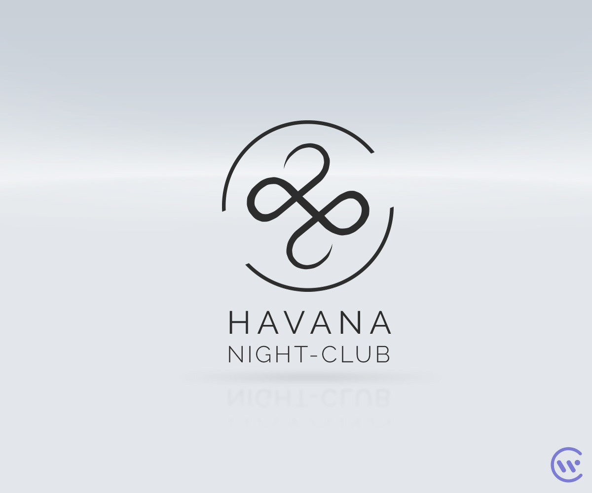 Minimalistyczne logo Havana Night-Club z abstrakcyjnym symbolem w okręgu na jasnoszarym tle.