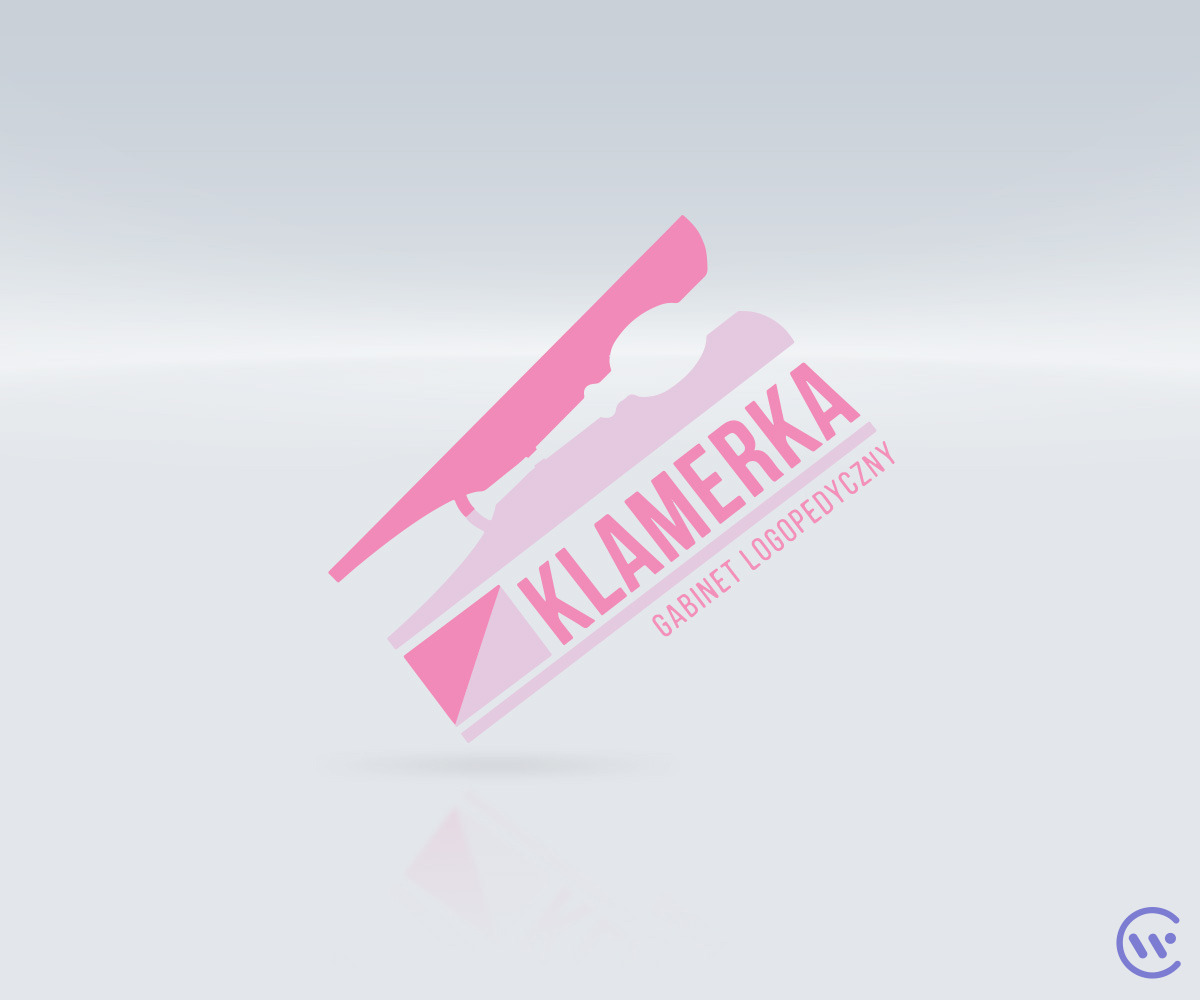 Różowe logo gabinetu logopedycznego Klamerka, stylizowane na klamerkę do bielizny, na jasnym tle.
