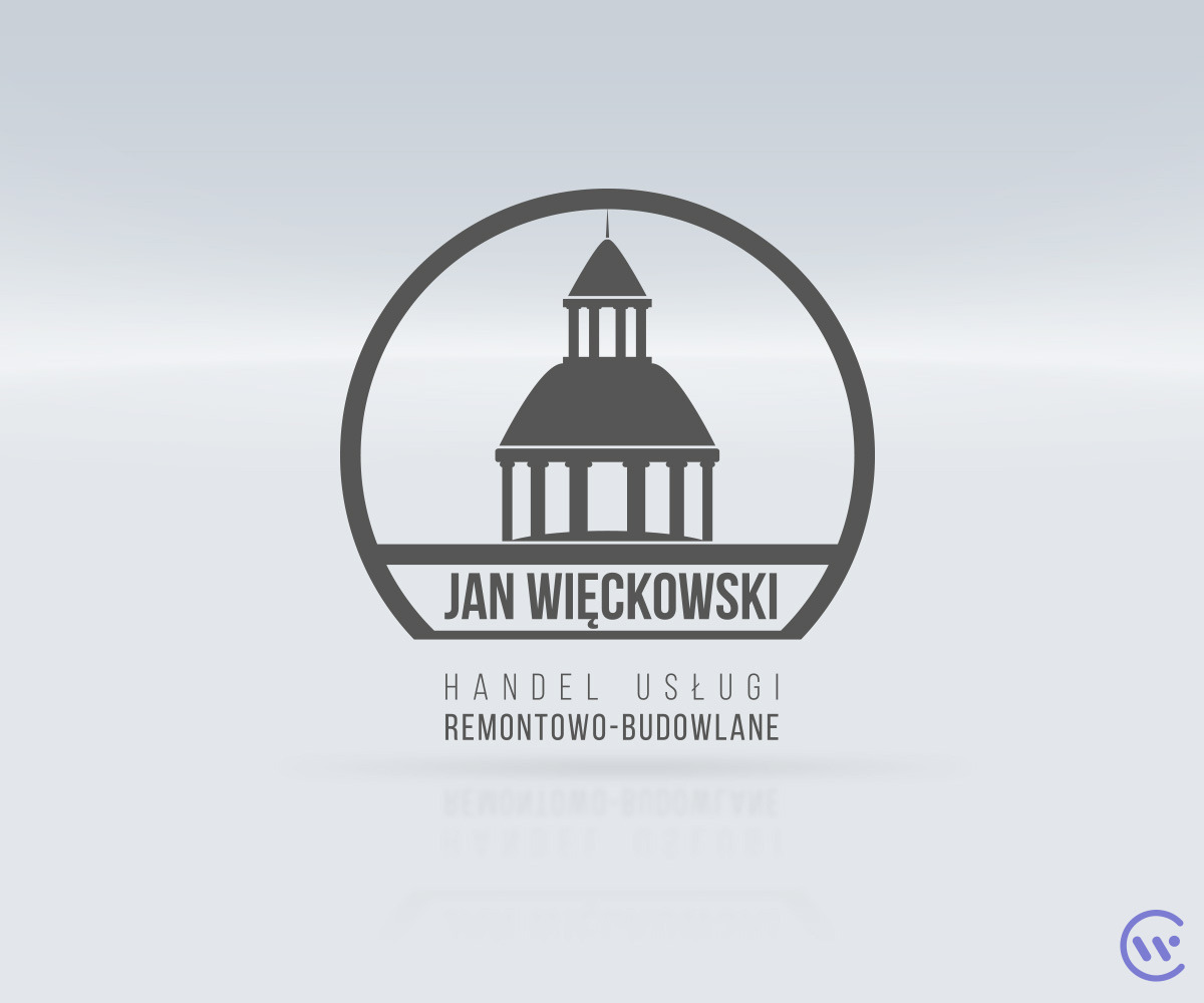 Szare logo firmy budowlanej Jan Więckowski z motywem architektonicznym w okręgu, handel i usługi remontowo-budowlane.