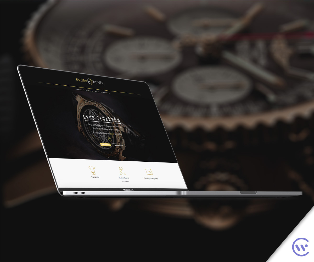 Laptop Macbook Pro wyświetla stronę internetową skupu zegarków na rozmytym tle zegarka.
