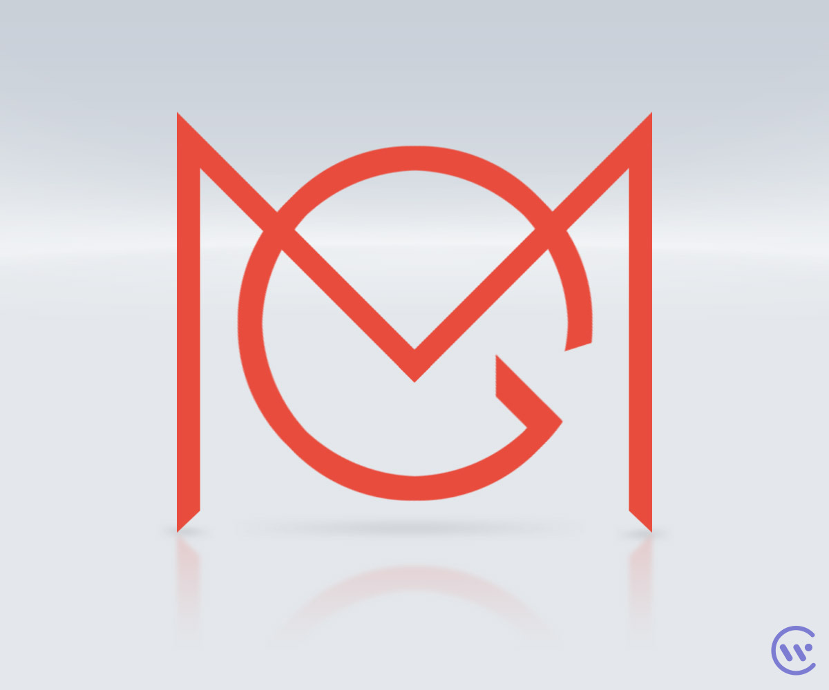 Minimalistyczny, geometryczny logotyp w kolorze koralowym, łączący litery 'M' i 'C' w spójny symbol na jasnoszarym tle z subtelnym odbiciem.