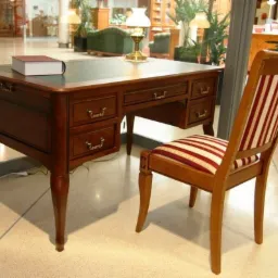 Klasyczne biurko z ciemnego drewna z trzema szufladami, zielonym blatem i książką na nim, zestawione z krzesłem w czerwono-białe pasy, w tle jasne wnętrze.