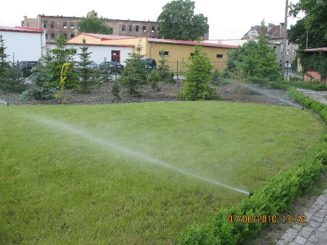 Automatyczne nawadnianie trawnika w ogrodzie z widocznymi dyszami rozpylającymi wodę, w tle budynki i drzewa.