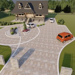 NOWBRUK - kompleksowe usługi brukarskie - Projekt zagospodarowania terenu z kostki brukowej: dom z bali, okrągły podjazd, trawnik, ogrodzenie. Wizualizacja z pomarańczowym autem.