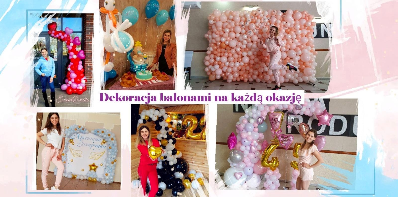 Kolaż zdjęć przedstawiający dekoracje balonowe na różne okazje: bramy z balonów w kolorach czerwonym i różowym, dekoracja urodzinowa z balonów i cyfrą 2, ścianka z jasnoróżowych balonów, dekoracja...