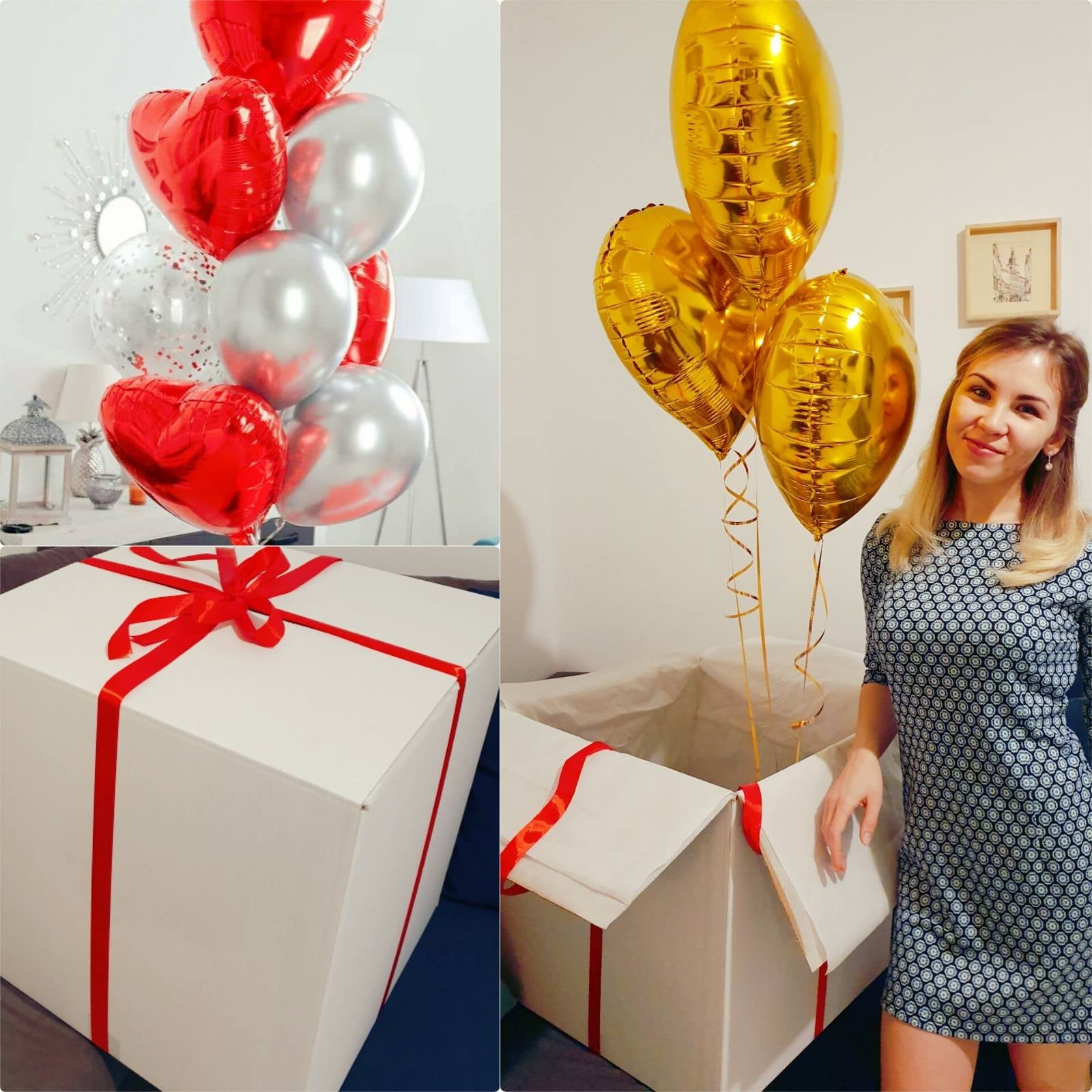 Kompozycja z balonów w kształcie serc i kul w kolorach czerwonym, srebrnym i złotym, unosząca się nad dużym białym pudełkiem prezentowym przewiązanym czerwoną wstążką. Po prawej stronie kobieta...